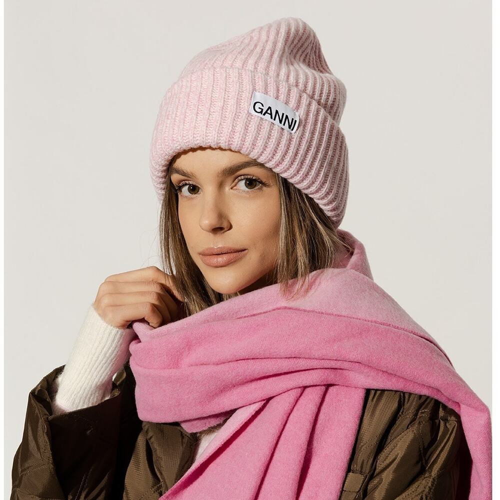Ganni Pink Oversized Wool Rib Knit Beanie Hat